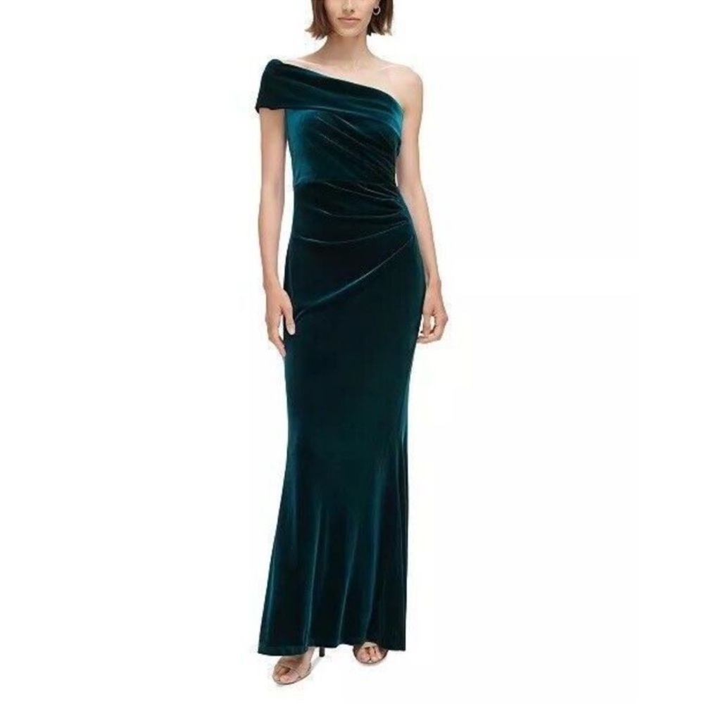 Eliza J Women's One Shoulder Solid Velvet Gown Size 2 In Hunter Green *Like New*
